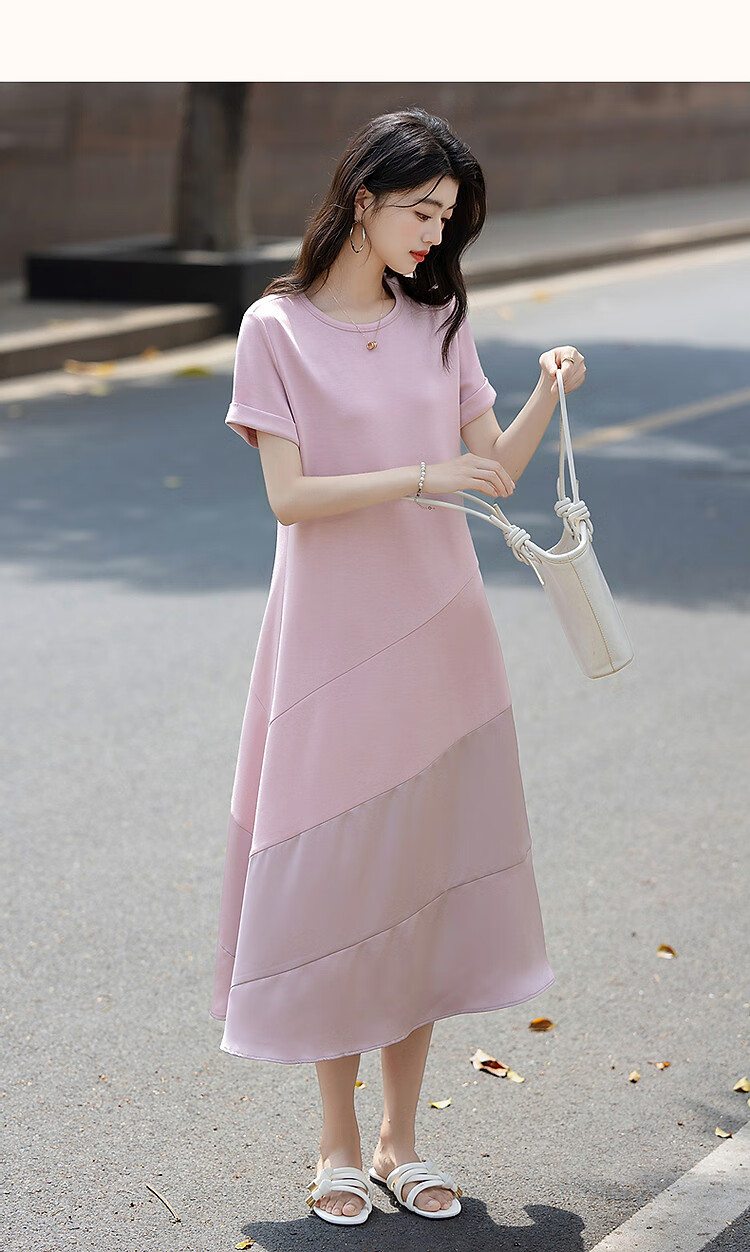 Demana Romantic Summer French Style Round Neck Smooth Satin Spliced Short Sleeve Loose Waist Long Women's Dress 17