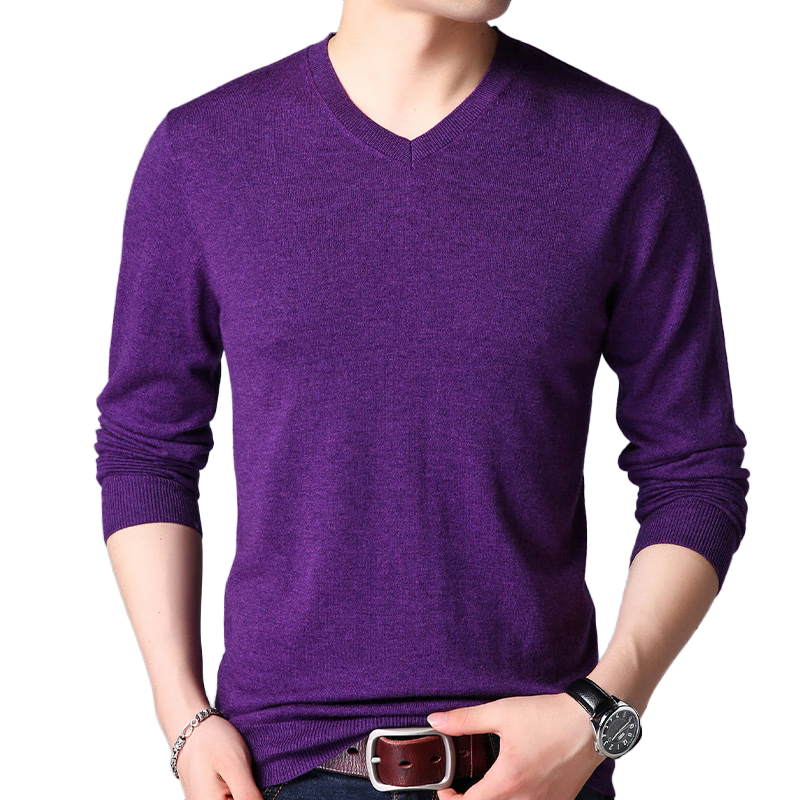 ROMON 100% Pure Wool Men's Classic Basic Thin V-Neck Sweater Autumn Winter Casual Knitwear Base Layer