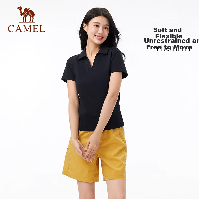 CAMEL Women's Short-Sleeve Polo Shirt, Versatile Slimming Elastic Breathable V-Neck Sports Casual T-Shirt A25BZ01057 2XL