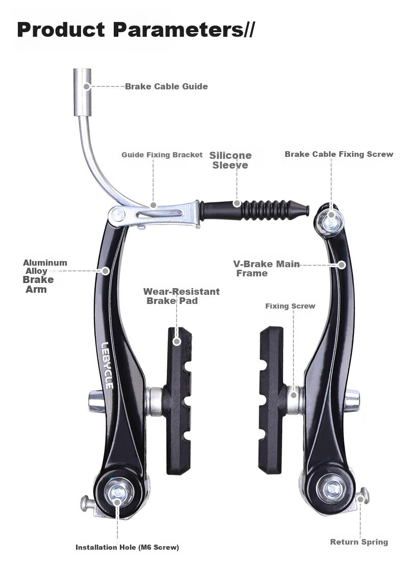 LEBYCLE Bicycle V-Brake Mountain Bike V-Brake Clamp Aluminum Alloy Brake Lever with Brake Pad V-Shaped 2-Wheel Set - Black 2