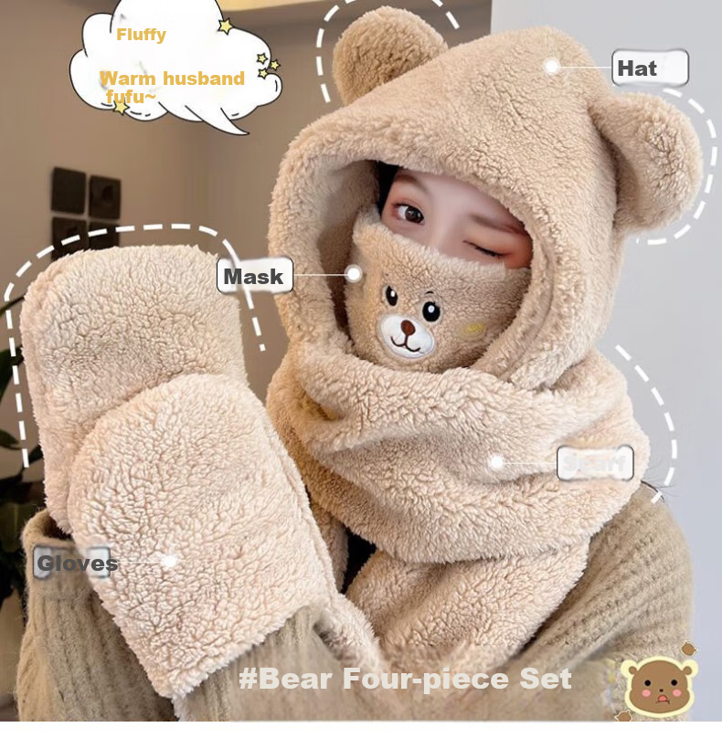 Adandyish Warm All-In Four-Piece Set with Neck Warmer, Ear Protectors, Hooded Scarf And Gloves, Plush Bear Electric Scooter Accessories, Off-White 1