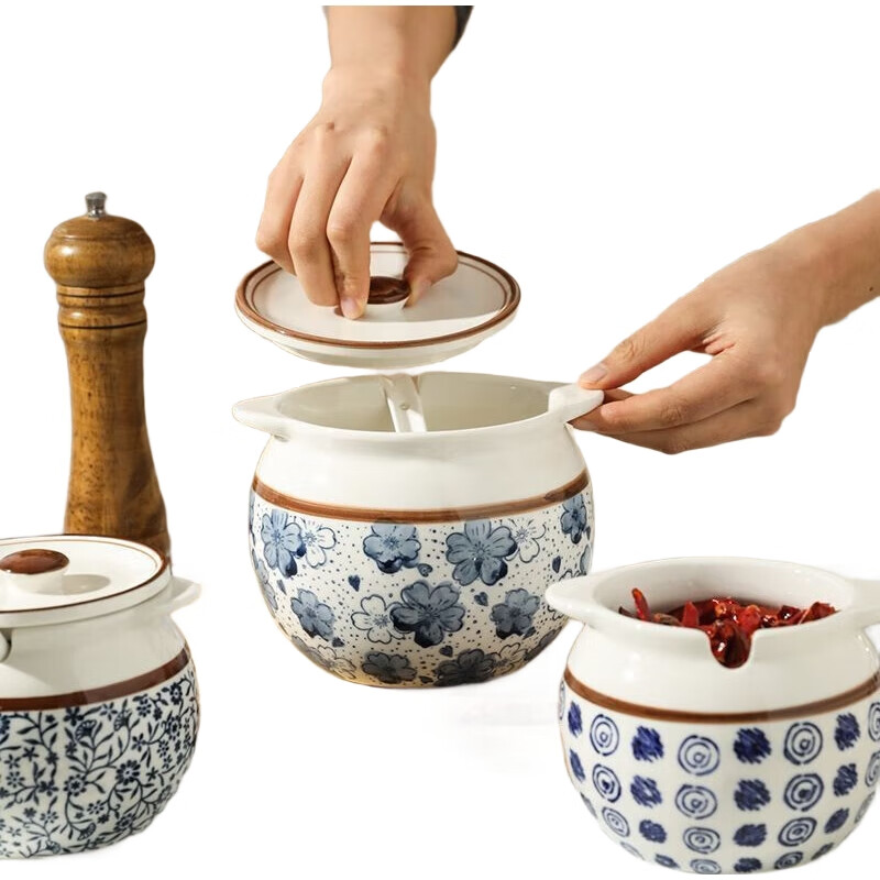 Емкость для специй MENGTING, керамическая, 1400 мл, с крышкой и ложкой, сине-белая