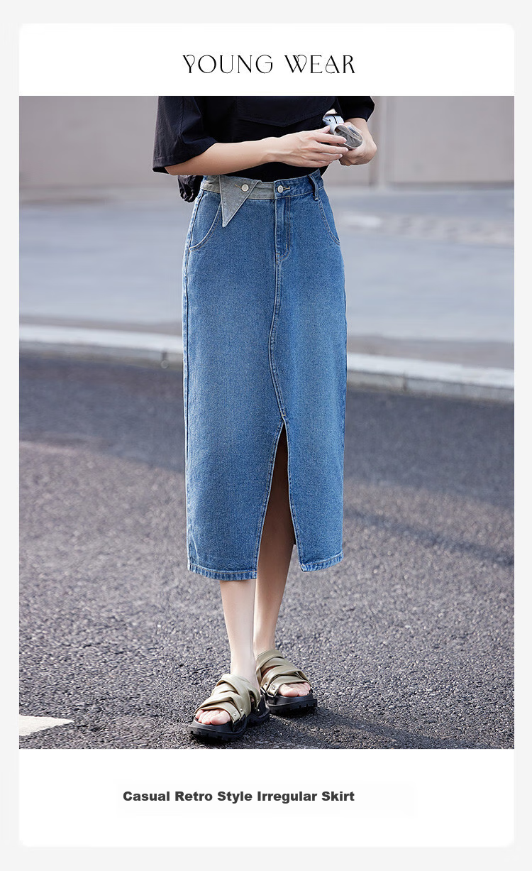Dme [Ruffled Skirt] Autumn Casual Style Front Slit Triangle Design Denim Midi Skirt for Wome 2