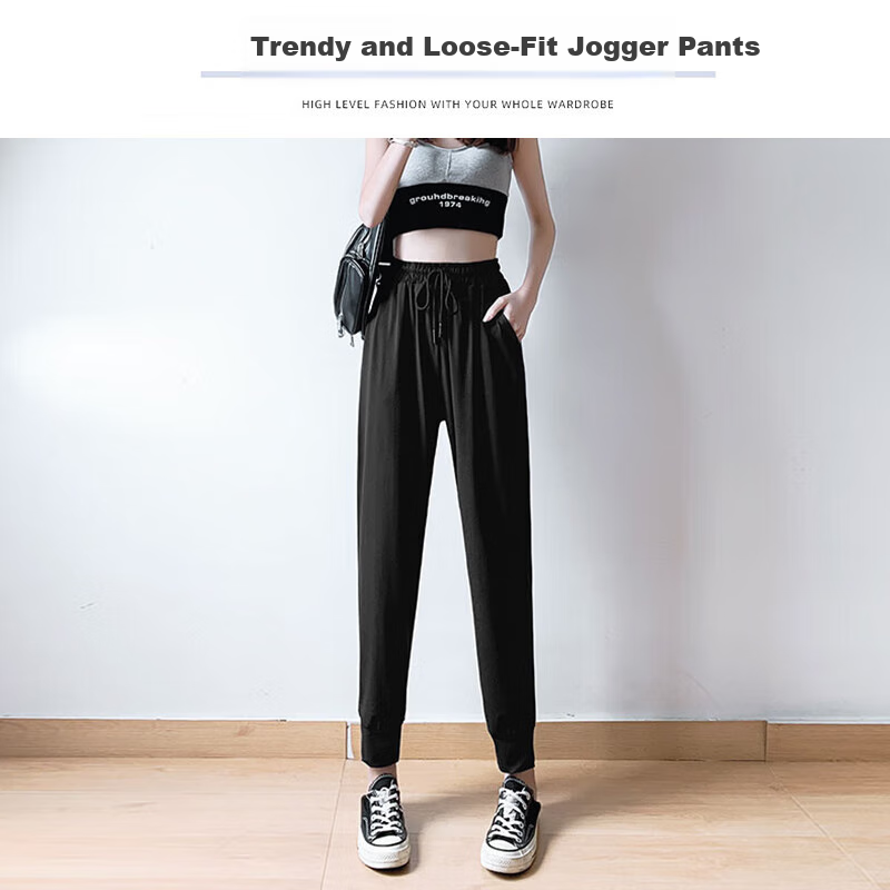 LangSha Ice Silk Sports Pants for Women, Summer Lightweight Loose Casual Pants, Harem Joggers, Black Slimming Quick-Dry Women's Trousers