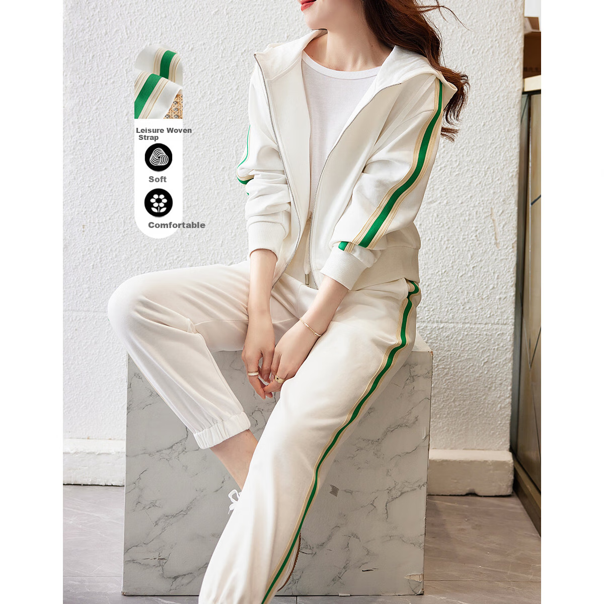 Dme [Woven Casual Set] Spring And Autumn Hooded Long-Sleeve Top Mid-Rise Pants Two-Piece Set for Women, Off-White, XL