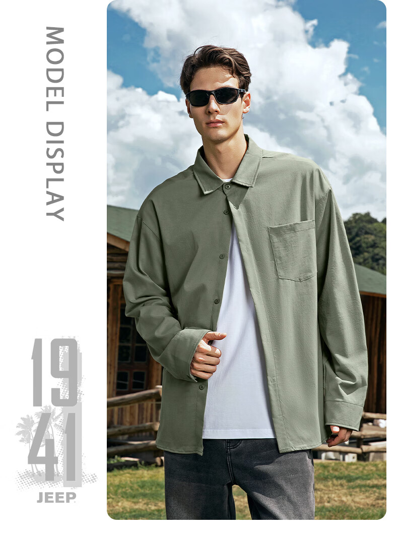 JEEP SPIRIT Men's Spring Long Sleeve Shirt Set American Style Lapel Shirt Casual Pants Retro Loose Trendy Two-Piece Set 3