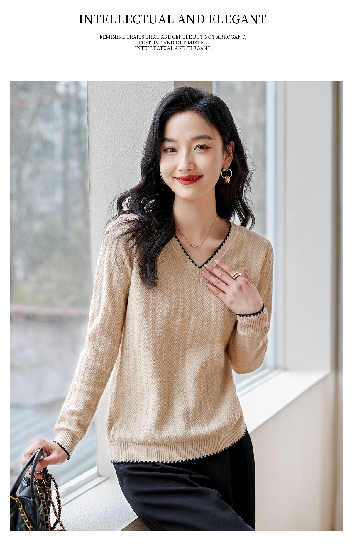 Chushen Women's Spring and Autumn Knitwear Fashionable Elegant V-Neck Color-Block Collar Long Sleeve Base Shirt S141Z3649 13