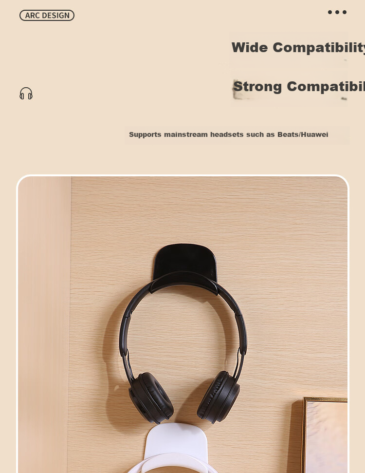Dipuer No-Drill Headphone Stand, Over-Ear Headphone Storage Hook, New ABS Material Fixed Seamless Adhesive Dormitory Hook, Black, 2-Pack 9