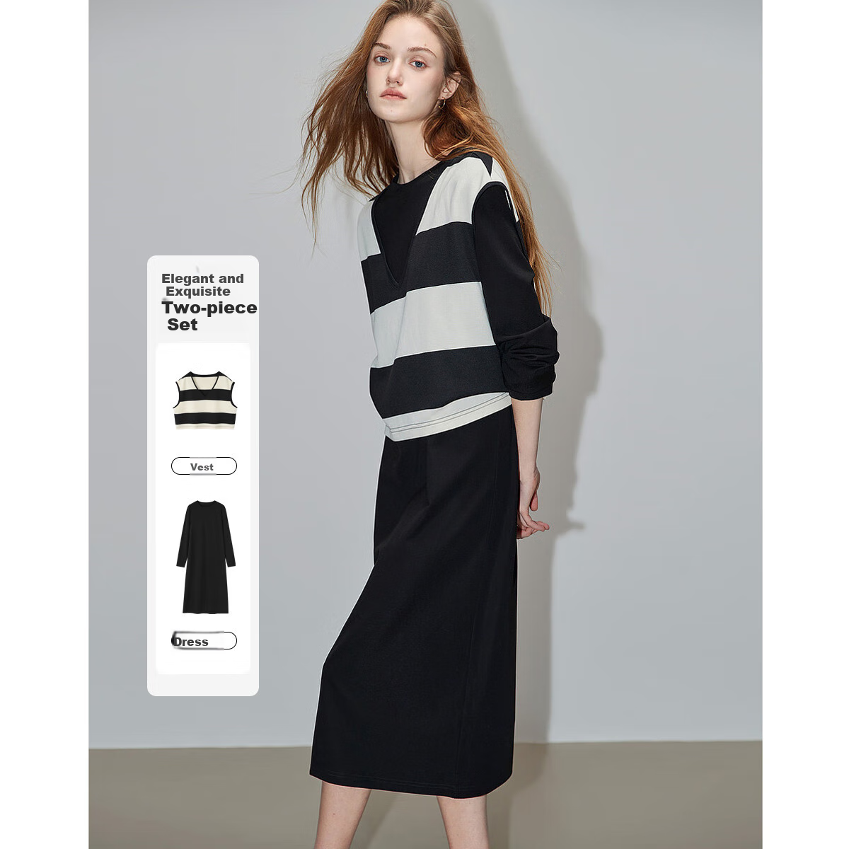 Dme [Laziness Casual Outfit] Spring And Autumn New Fashion Draping Roman Fabric Dress, Box-Shaped Striped Vest Two-Piece Set