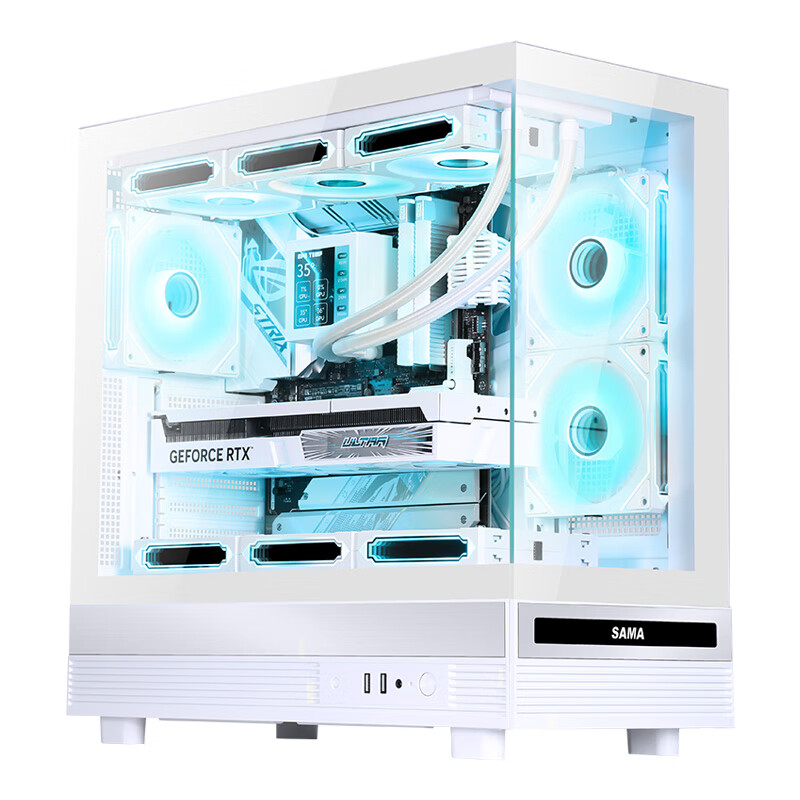 SAMA Jinghong White ATX Panoramic Gaming Computer Case, 270° Panoramic View/double-Sided Glass/supports 360mm Water Cooling/9 Fan Positions/427mm Long Graphics Card/USB 2.0+USB 3.0