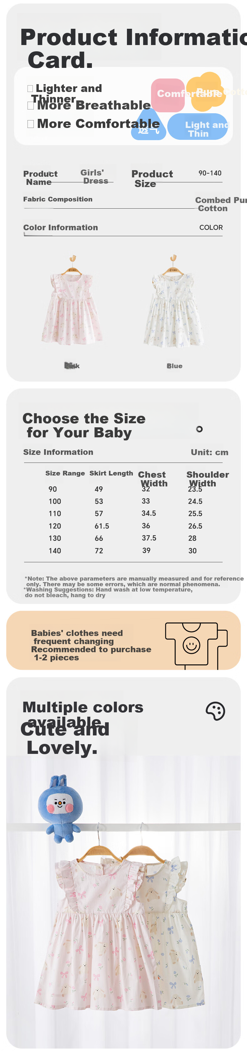 Babyprints Girls' Summer Dress, Baby Princess Dress, Birthday Party Dress, Cute Sleeveless Cotton Sundress for Girls, Pink, Size 140 3