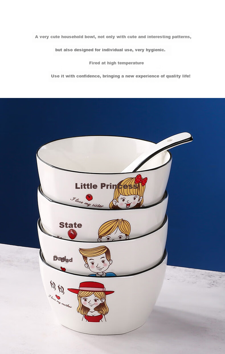 Canjiangjun Parent-Child Bowl Set, Household Tableware, Soup Spoons for A Family of Four, Ceramic Square Bowls, 4-Piece Set [With Matching Spoons] 2
