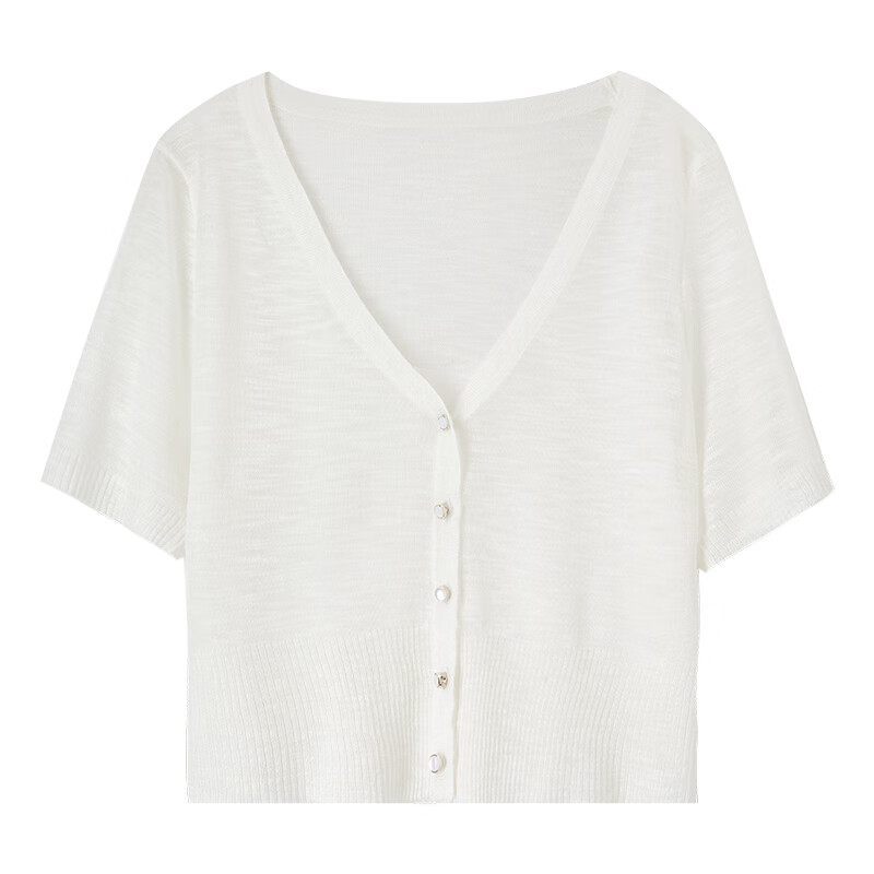 Sentubila Lazy Atmosphere Milk Huhu Refreshing Knit Top for Women, Summer V-Neck Short-Sleeve Cardigan, White, L