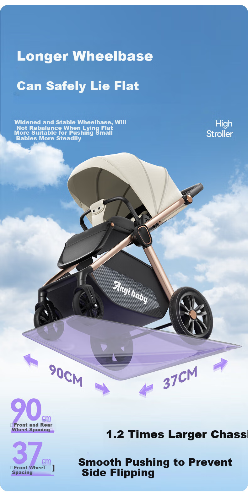 ANGI BABY Stroller with High View, Reversible Seating And Lying Positions, Shock-Absorbing, Foldable, Suitable for Newborns to 3 Years Old 11