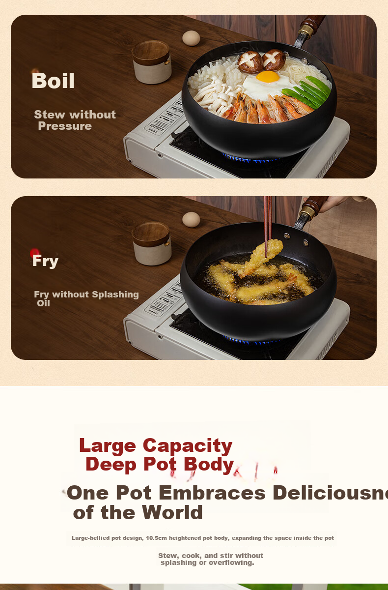 KOBACH Cast Iron Wok without Coating for Home Cooking, Suitable for Induction And Gas Stoves, 24cm 8