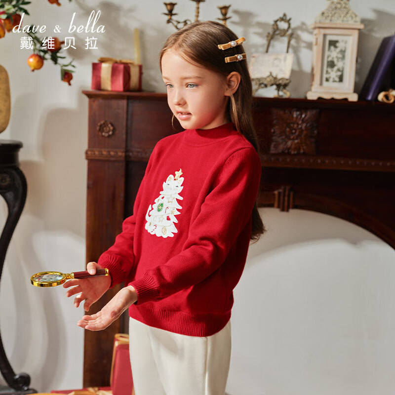 David Bella Girls' Fleece-Lined Red Knitted Sweater Thickened Winter Christmas New Year Dress