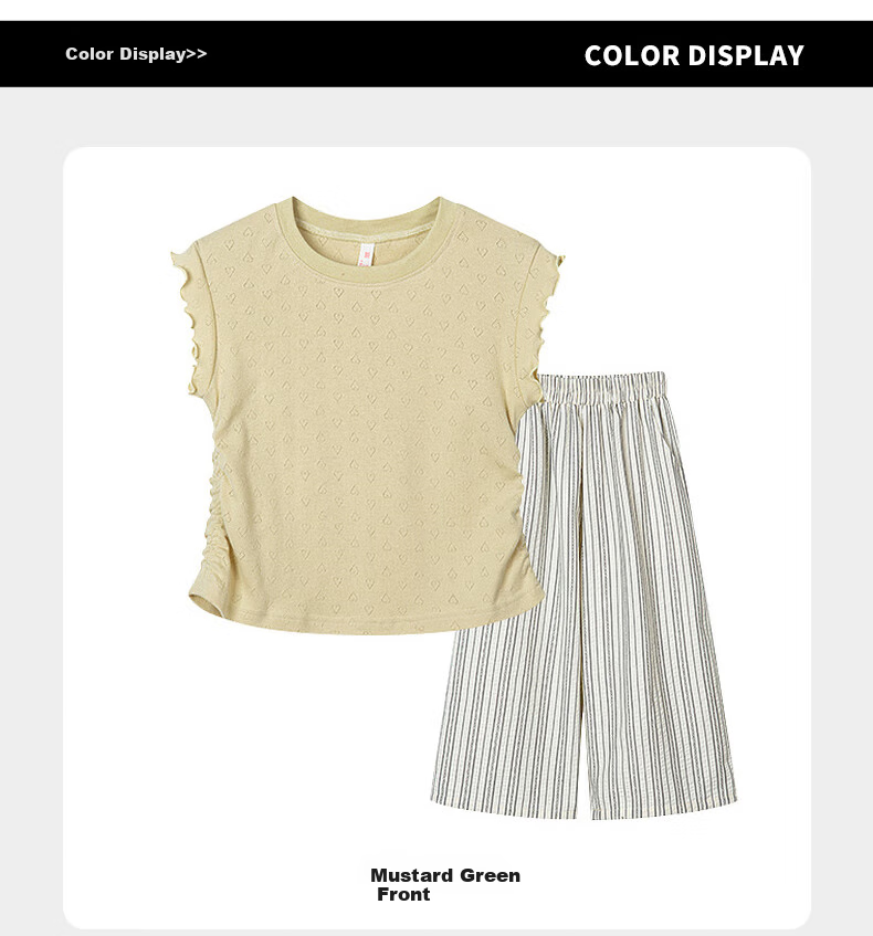 Follow Me Girls' Summer Outfit Set, Pastoral Style Laceless Sleeveless T-Shirt with Striped Casual Pants Two-Piece Set, Mustard Green, Size 130 6