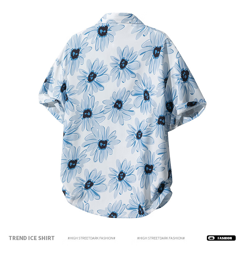 CLOR American Style Ice Silk Shirt Men's Spring and Autumn Printed Short Sleeve Loose Jacket CLCX11 Blue Rhythm Baby Flower 3XL 10