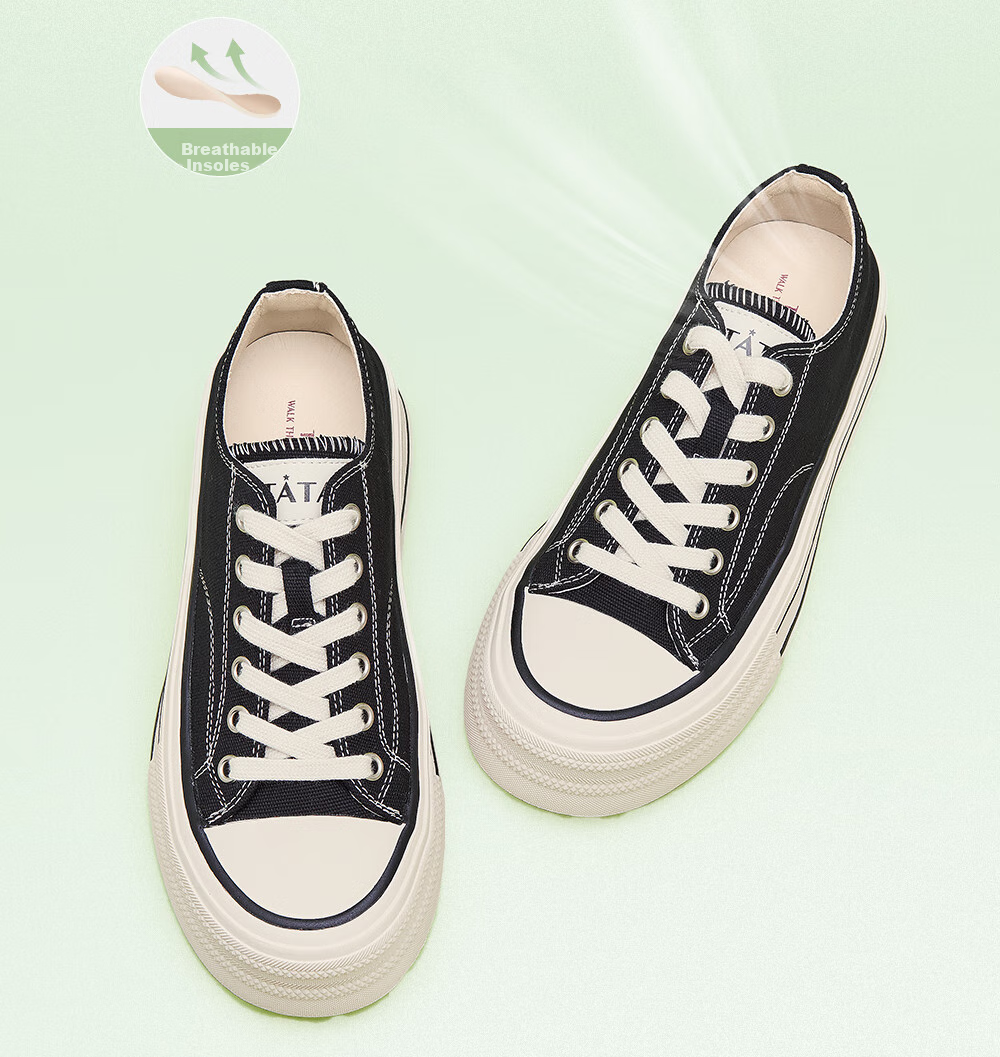 TATA Rainbow Thick-Soled Canvas Shoes for Women, Breathable Black Sneakers, Casual White Shoes WP801AM5 Black, Size 37 7