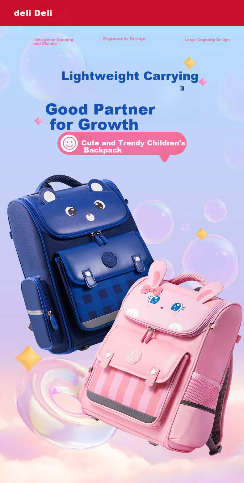 Deli Cartoon Schoolbag for Elementary Students, Spine-Protecting Large Capacity Backpack, Blue Bear Design for Grades 3-6 1