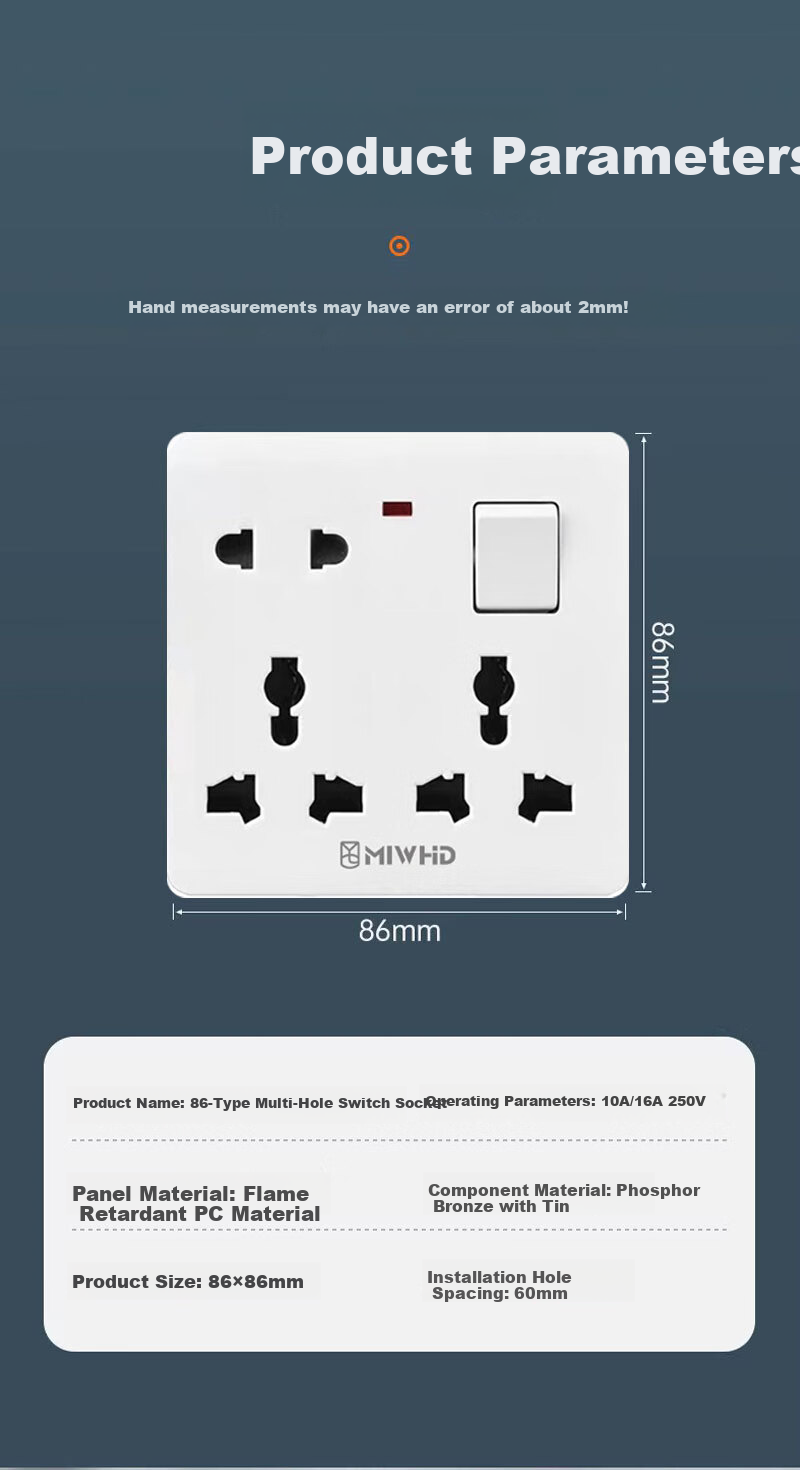 MIWHD Single Switch with Eight Holes And Light, Wall Panel Switch Socket, 86 Type, 10A-16A White Concealed Switch, MLGD-34/1 16 220 2 17