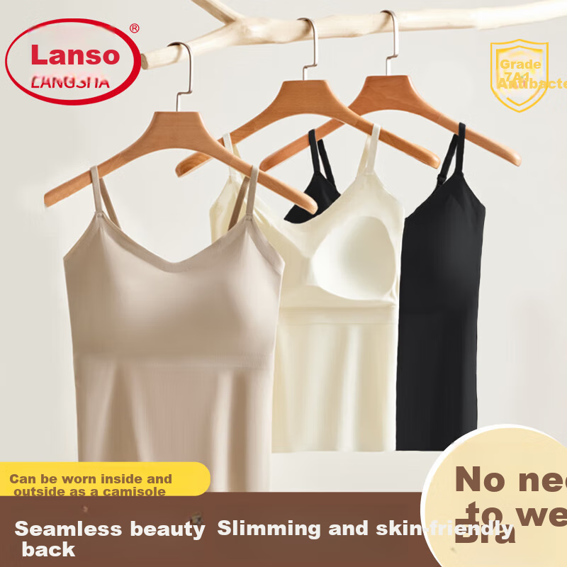 Langsha Women's Camisole Tank Top with Built-In Bra Pads, Backless Design, White Color, Suitable for Inner Or Outer Wear