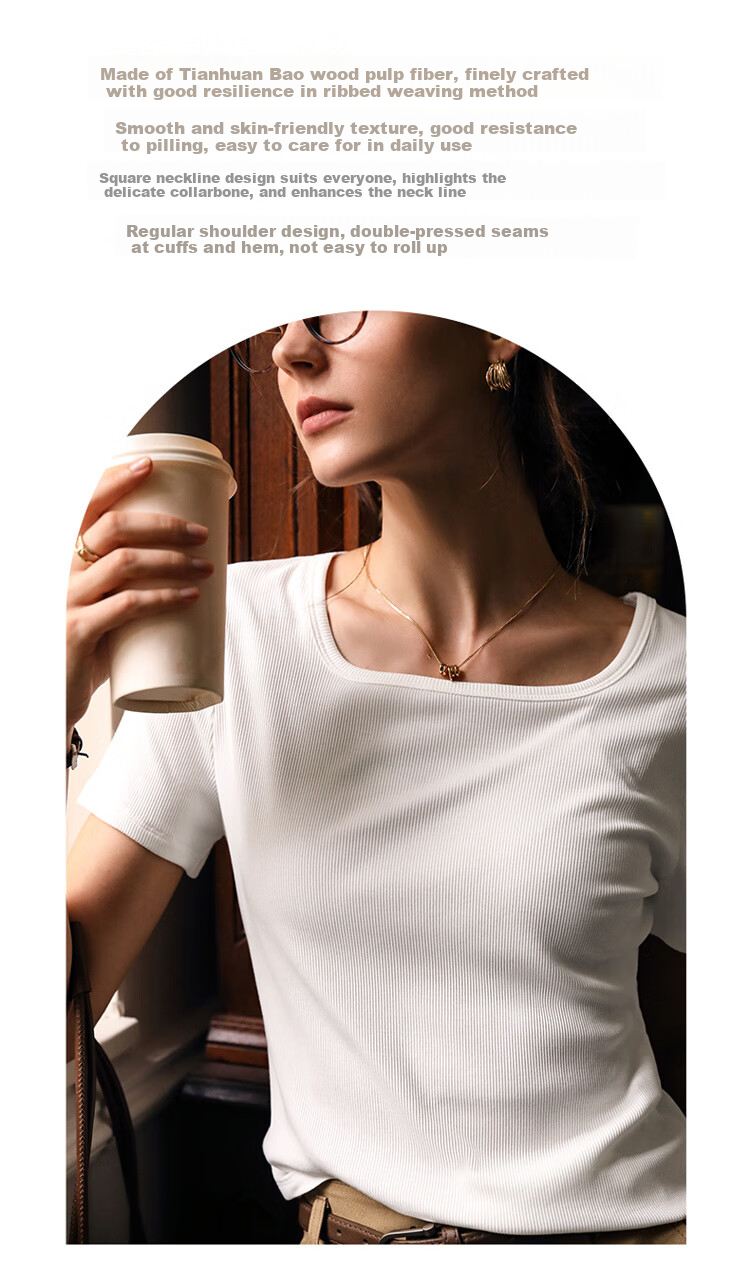 Olrain Square Neck Classic Shoulder Versatile T-Shirt Summer Women's Elegant Simple Stretchy Comfortable Base Top Gardenia White S 3