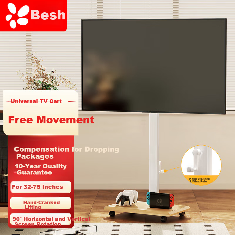Beishi 32-75 Inch Mobile TV Stand, Hand-Cranked Lifting TV Cart, Floor-Standing TV Stand, Rotatable Cart for Horizontal And Vertical Screens, Universal TV Cart Compatible with Multiple Brands