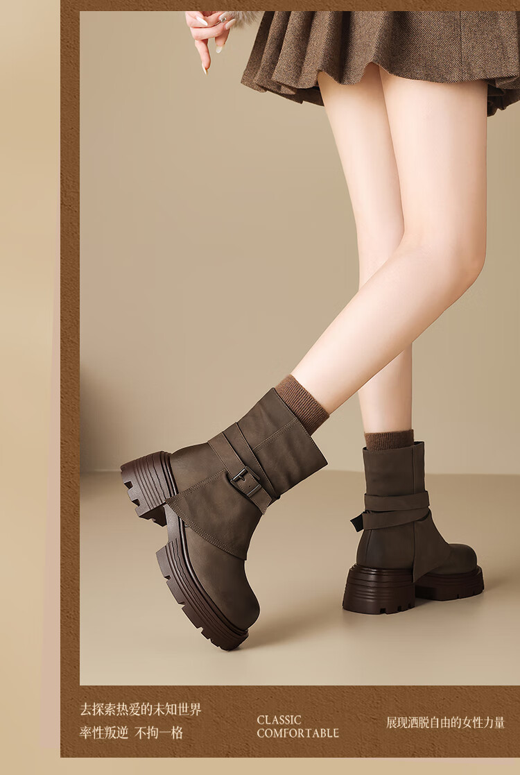 ZHR [Xu Ruohan Same Style] Fleece-Lined Short Boots Women Winter Thick-Soled Martin Boots Snow Boots KN261A Black Size 37 5