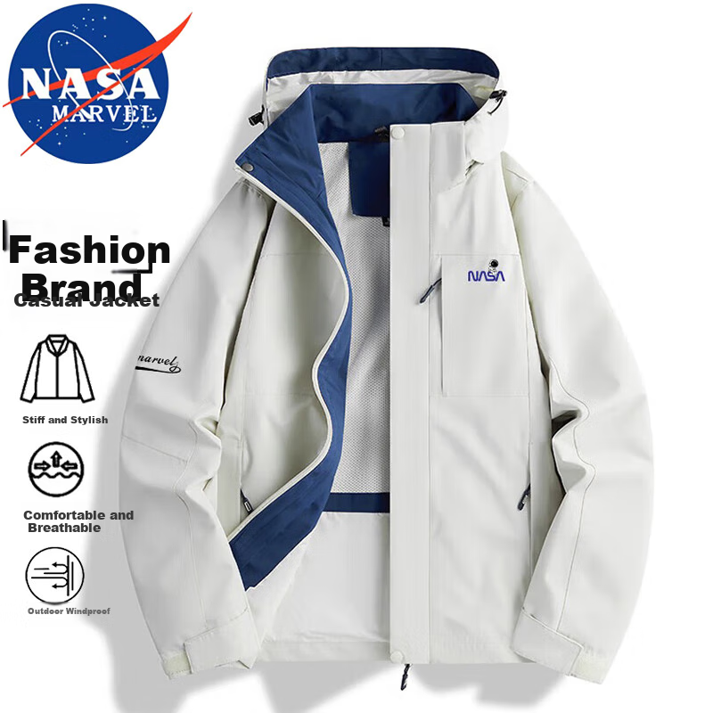 NASA MARVEL Windbreaker Jacket for Men, Spring And Autumn Outerwear, Hooded Breathable Wear-Resistant Windproof Couple Hiking Clothing, Warm White XL