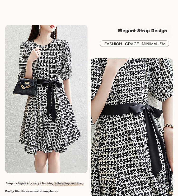 DME Floral Tie-Waist Flared Skirt New Round Neck Waist-Cinching Puff Sleeve Mid-Length Dress for Women Black XL 4