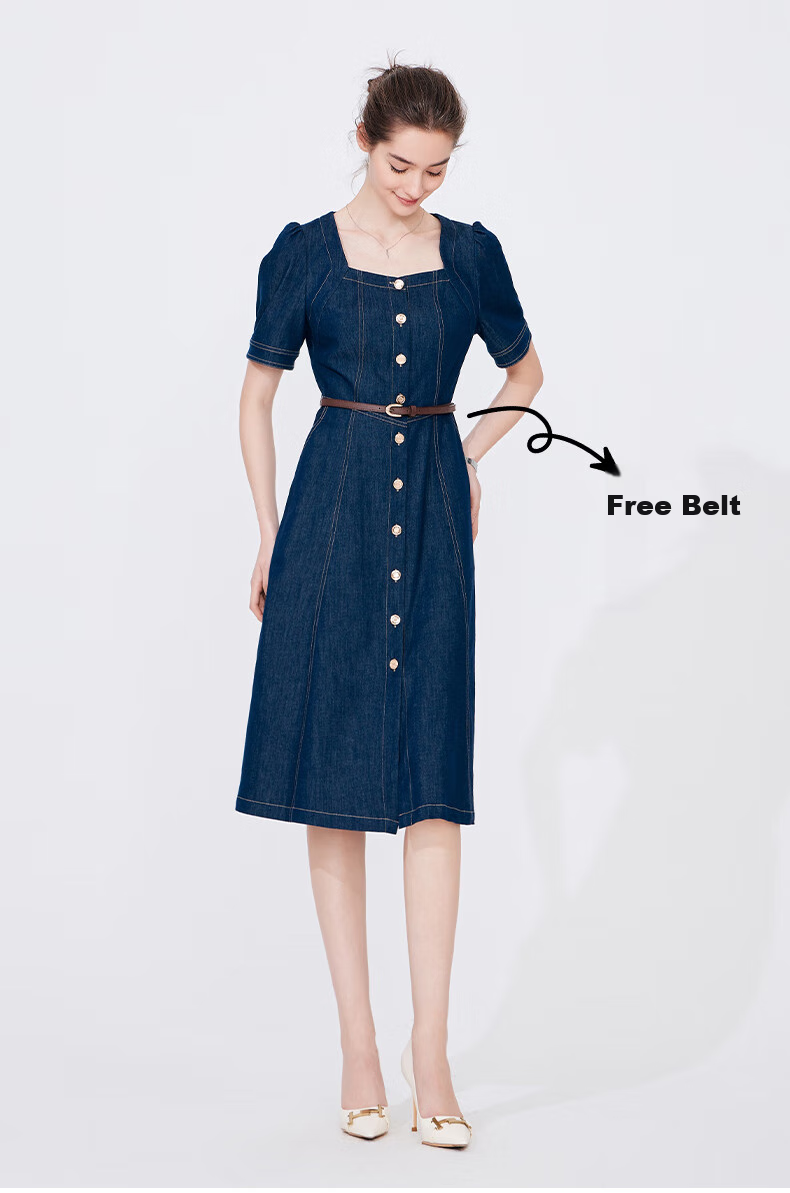 Navigare Women's Vintage Square Neck Denim Skirt, Waist-Cinching Slim-Fit Short-Sleeve Dress 2322874526 10