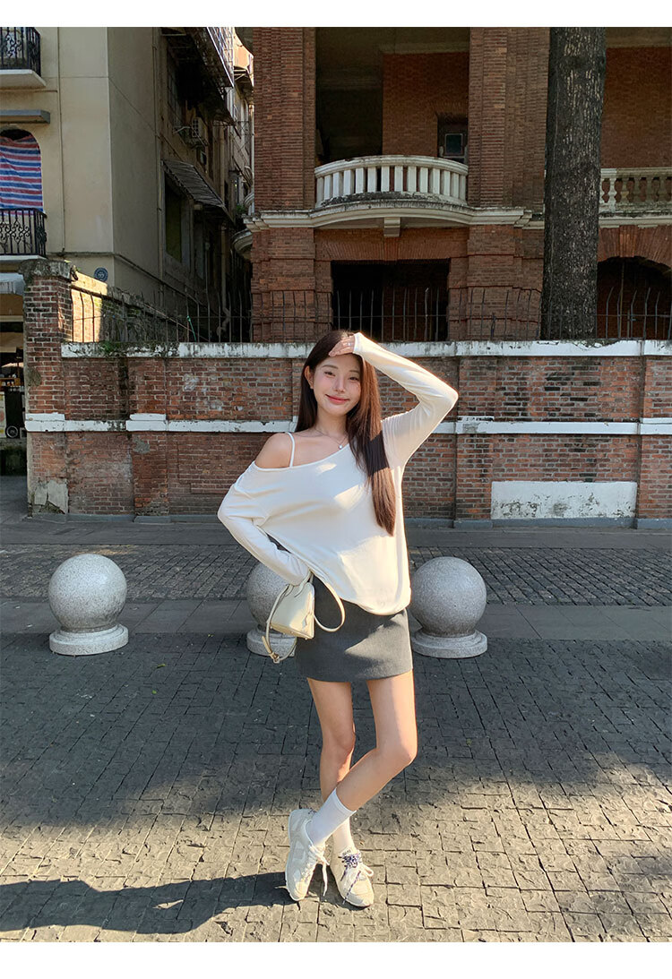TUCANO Slanted Shoulder Long-Sleeve T-Shirt for Women, Autumn New Style, Elegant Loose Casual High-End Base Shirt Top, White, M 7