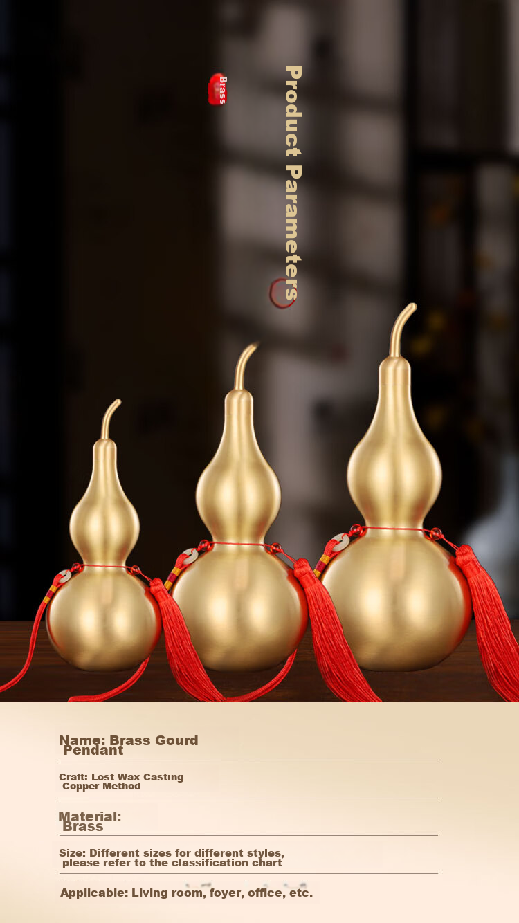 Binyue Brass Gourd Ornament, Open Gourd Pendant with Cinnabar, Living Room Entrance Office Decoration, Approximately 11 Cm Tall 10