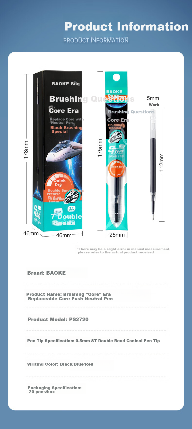 BAOKE [Lowest Price Online] PS2720 Retractable Gel Pen Refill 0.5mm Blue ST Ballpoint Pen Tip Refill 20 Pieces/Box 7