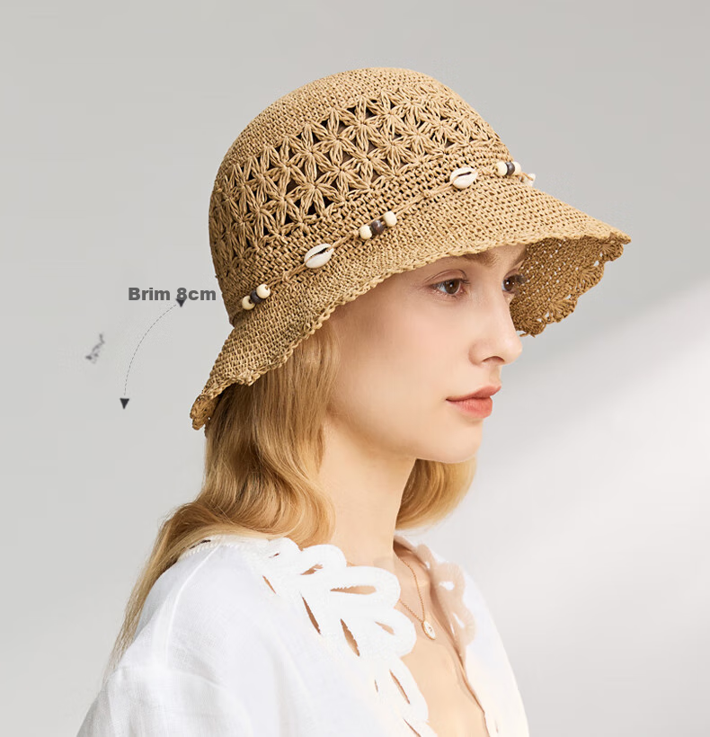 ELLE Straw Hat, Elegant Hollow Sun Protection Hat, Beach Sun Hat, Lyocell, Gift for Girlfriend 50
