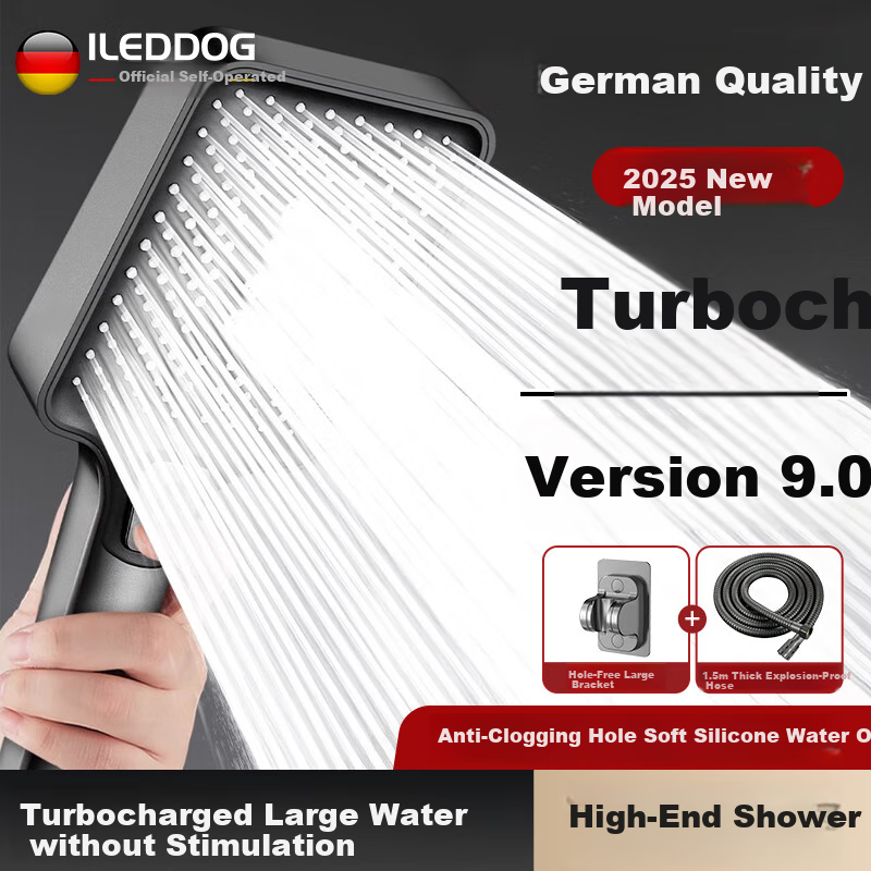 ILeddog [Germany] Pressurized Shower Head, Three-Speed High Flow Rate, Square Large Panel, Three-Piece Set with Shower Head SL-002