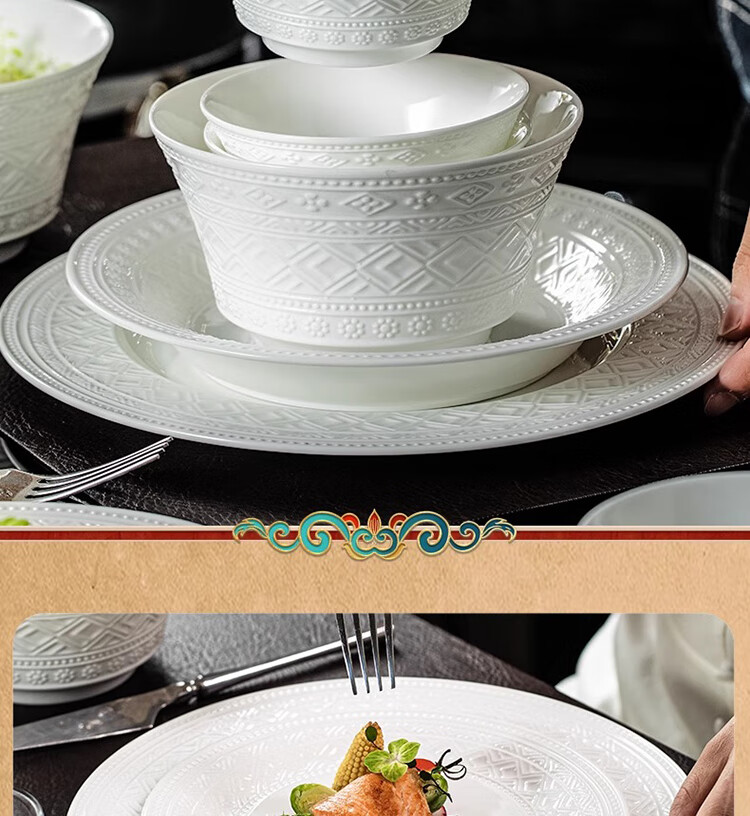 Luowei × Dunhuang Creative Collaboration Bone China Dinnerware Set with Underglaze Colored Bowls, Home Use Jingdezhen Round Perfect Auspicious 28-Piece Set 4