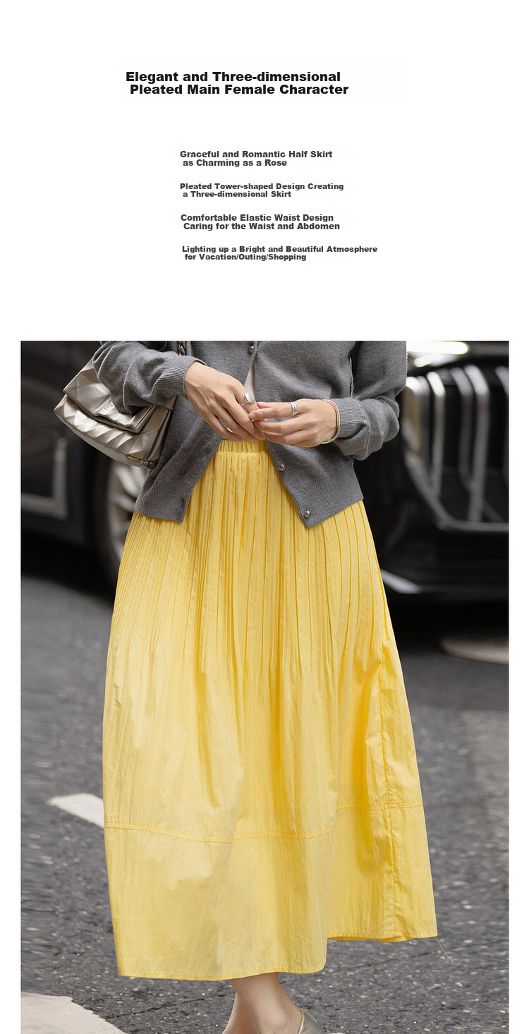 Dme [Lingdong Muxi] Spring French Cloud-Feel Cotton Elastic Waist Pleated A-Line Breathable Midi Skirt for Wome 1