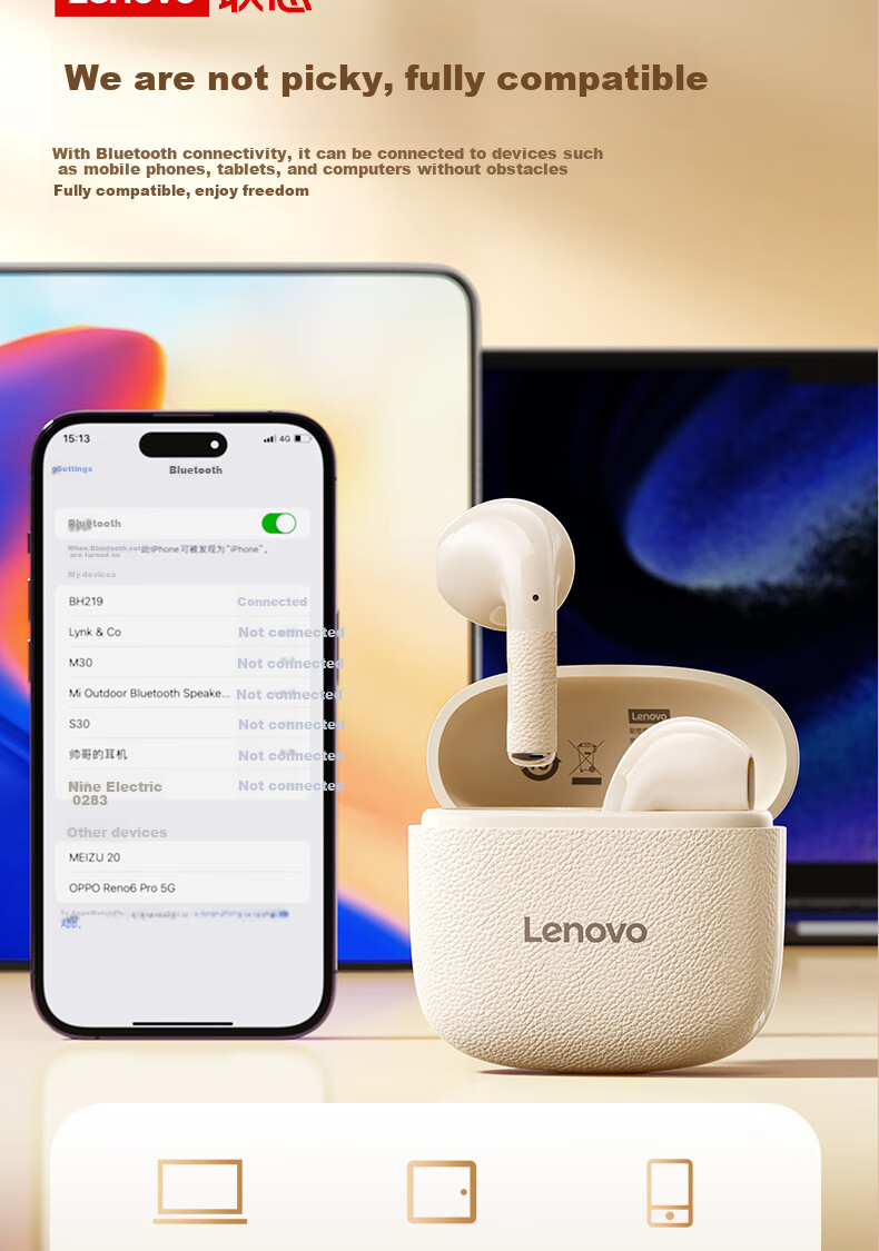 Lenovo Bluetooth Earphones, Semi-In Style, 2026 Popular Model, Bluetooth 5.4, Low Latency, High Sound Quality, Long Battery Life, HD Audio, Wireless Headphones, EA166, Moon Rock White 13