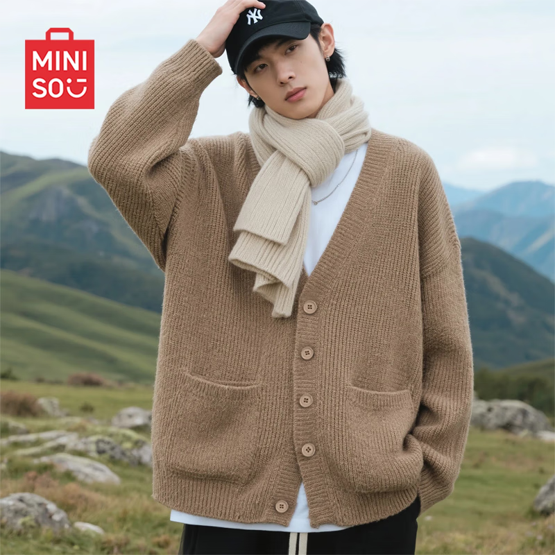 MINISO Knitted Sweater Autumn Maillard V-Neck Design Cardigan Warm Soft Chunky Knit Coat Beige XL
