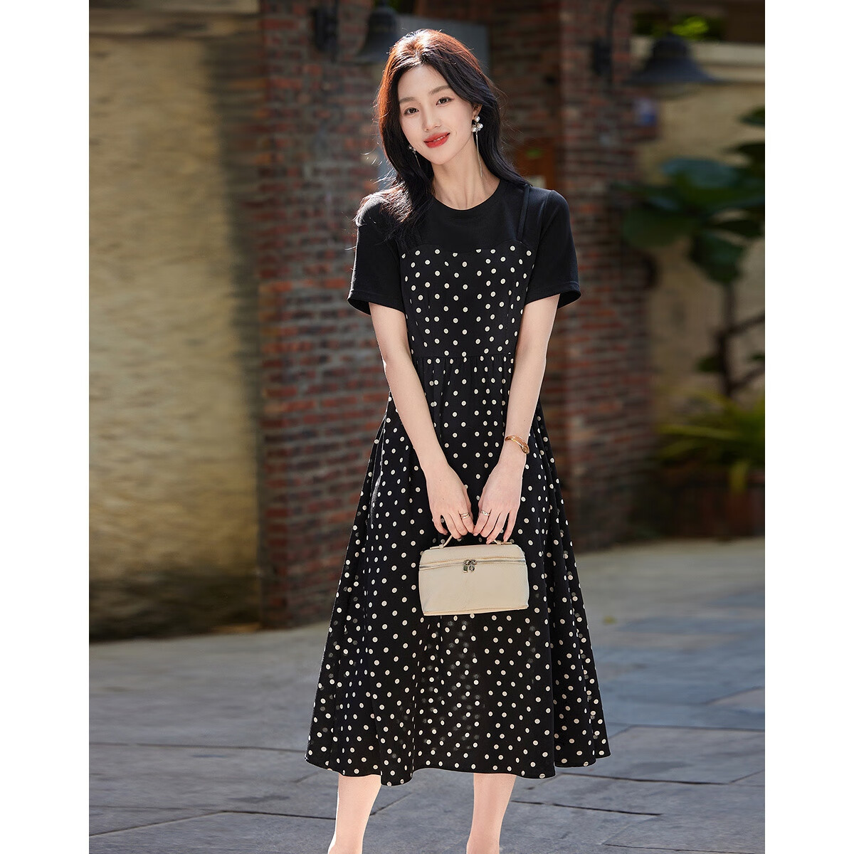 Demana Romantic Polka Summer Faux Two-Piece Spliced Polka Dot Chiffon Short Sleeve Waist Cinched Pleated Women's Dress