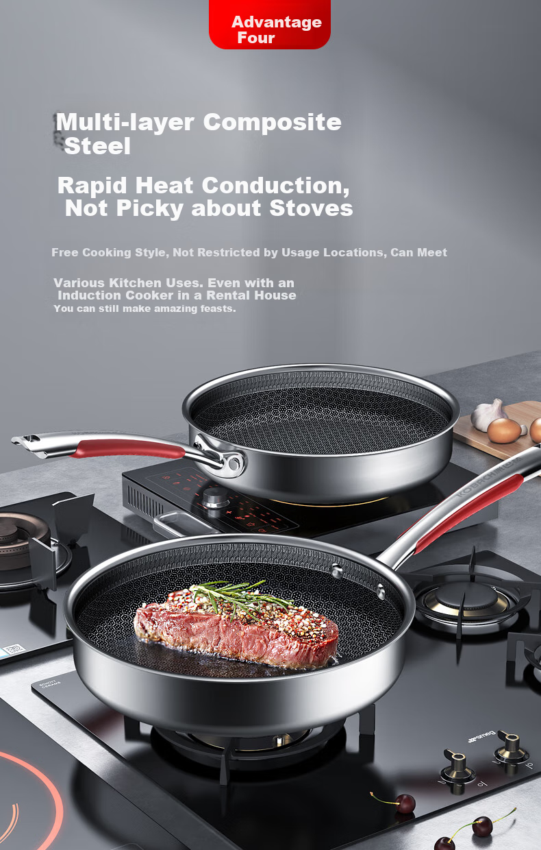KBH Flagship S Model 316L Stainless Steel Flat Bottom Pan Honeycomb Non-Stick Pan for Home Use, Steak Frying, Pancake Cooking, Egg Frying, Compatible with Induction Cooker 10