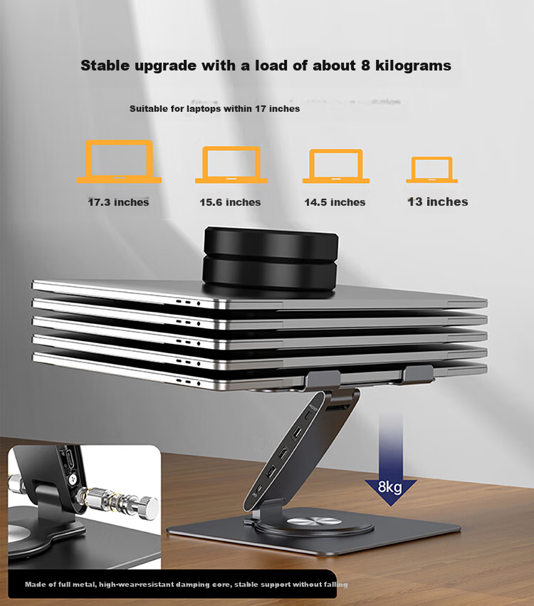 Hanzichen Laptop Stand with 12-Port Type-C Hub, Dual 4K 60Hz HD Screen Mirroring, PD100W Power Supply, USB3.1 Data Transfer, Gigabit Ethernet Port, Aluminum Alloy Vertical Stand 12