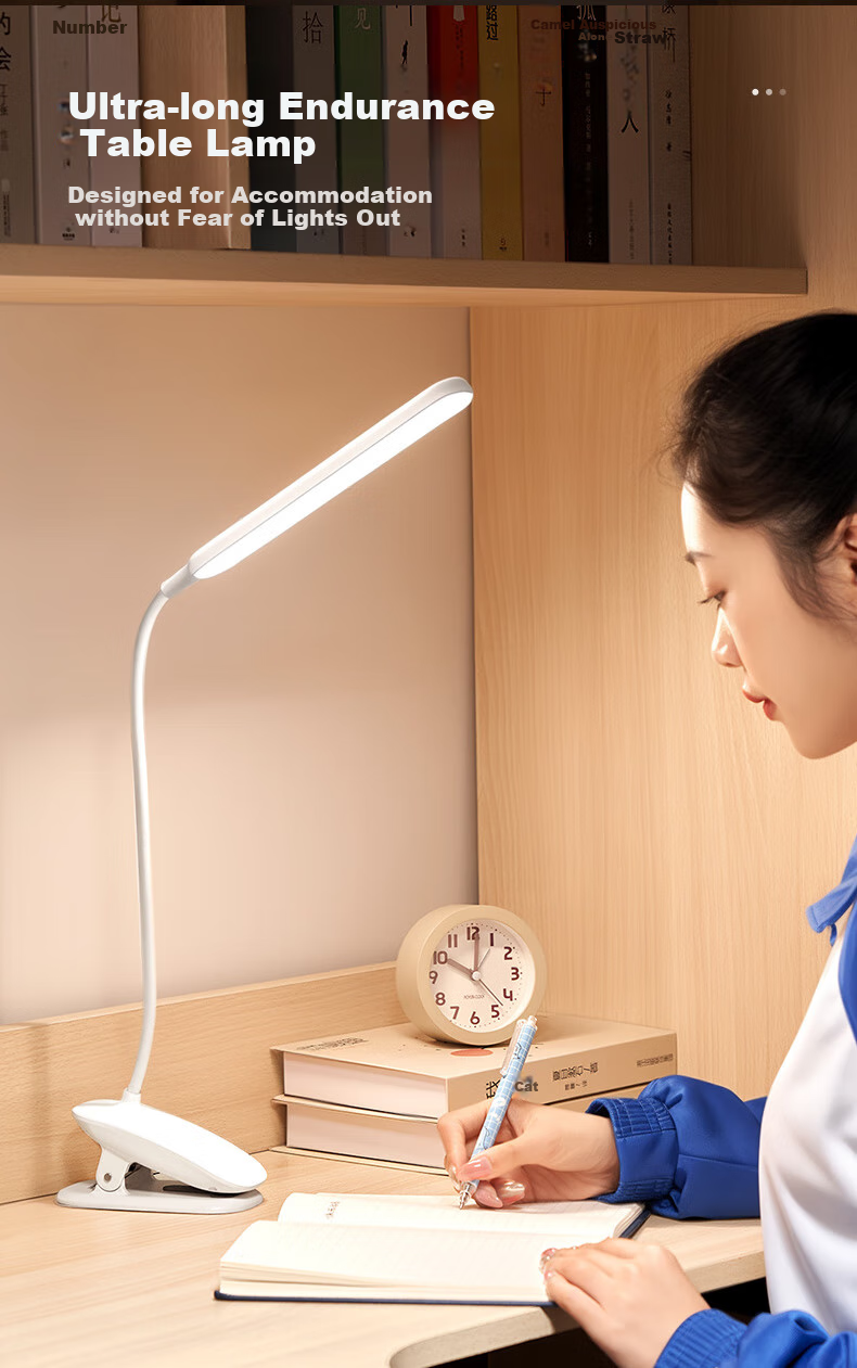 ONEFIRE Rechargeable Clip-On Desk Lamp for College Dormitory, Bedside Eye Protection Light, Long-Lasting Study Lamp, Small Night Light with Clip Stand 3