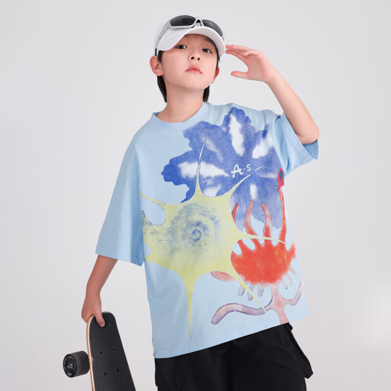 BABY HH Boys Summer Dopamine Graffiti Short Sleeve T-Shirt 2025 New Trendy Top Blue Lightweight Size 120