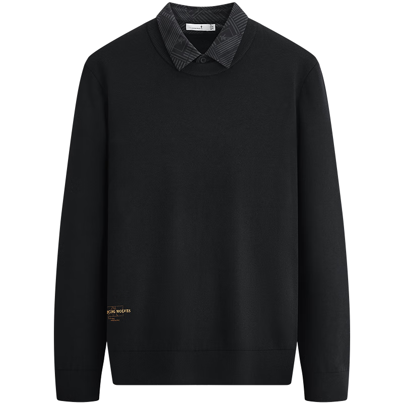 Dance with Wolves [Wool Blend] Faux Two-Piece Lapel Sweater Men Exquisite Embroidery Warm Versatile Knitwear 001 Black L