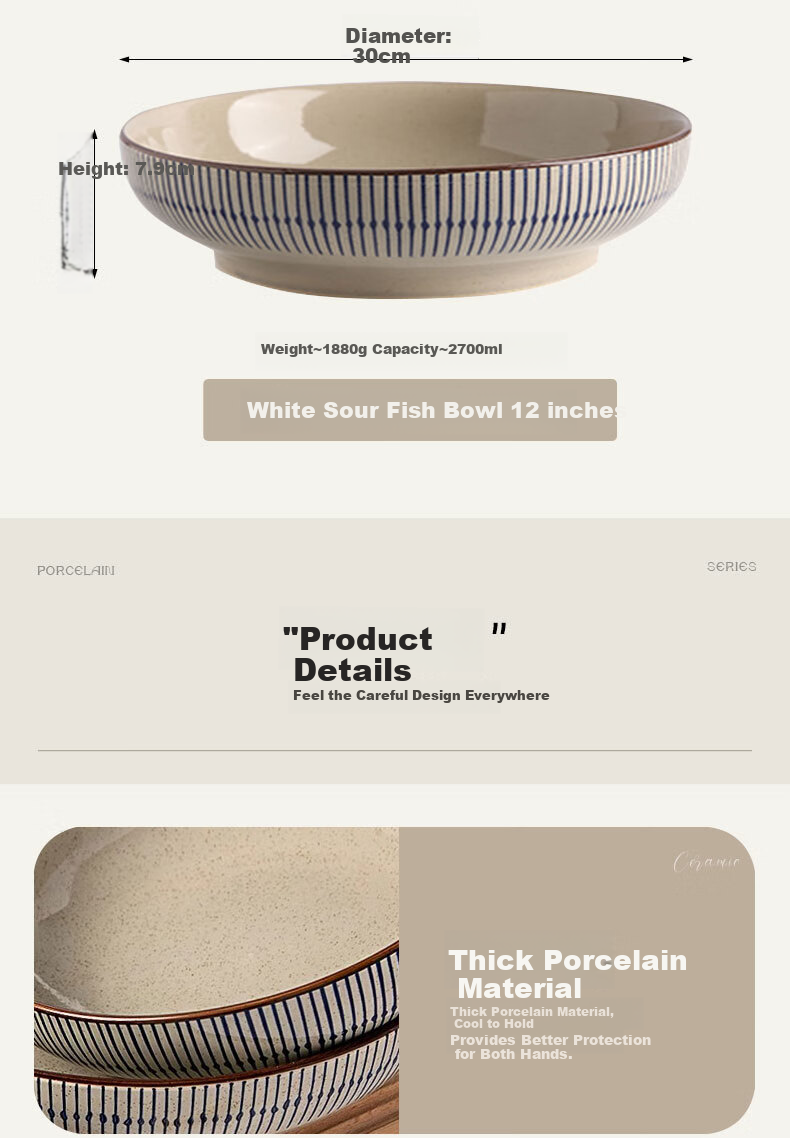 JIWUSENLIN Ceramic Bowl Large Serving Bowl for Sauerkraut Fish, Boiled Fish, And Home-Style Blood Stew, Restaurant-Style Bowl, 12 Inches 9