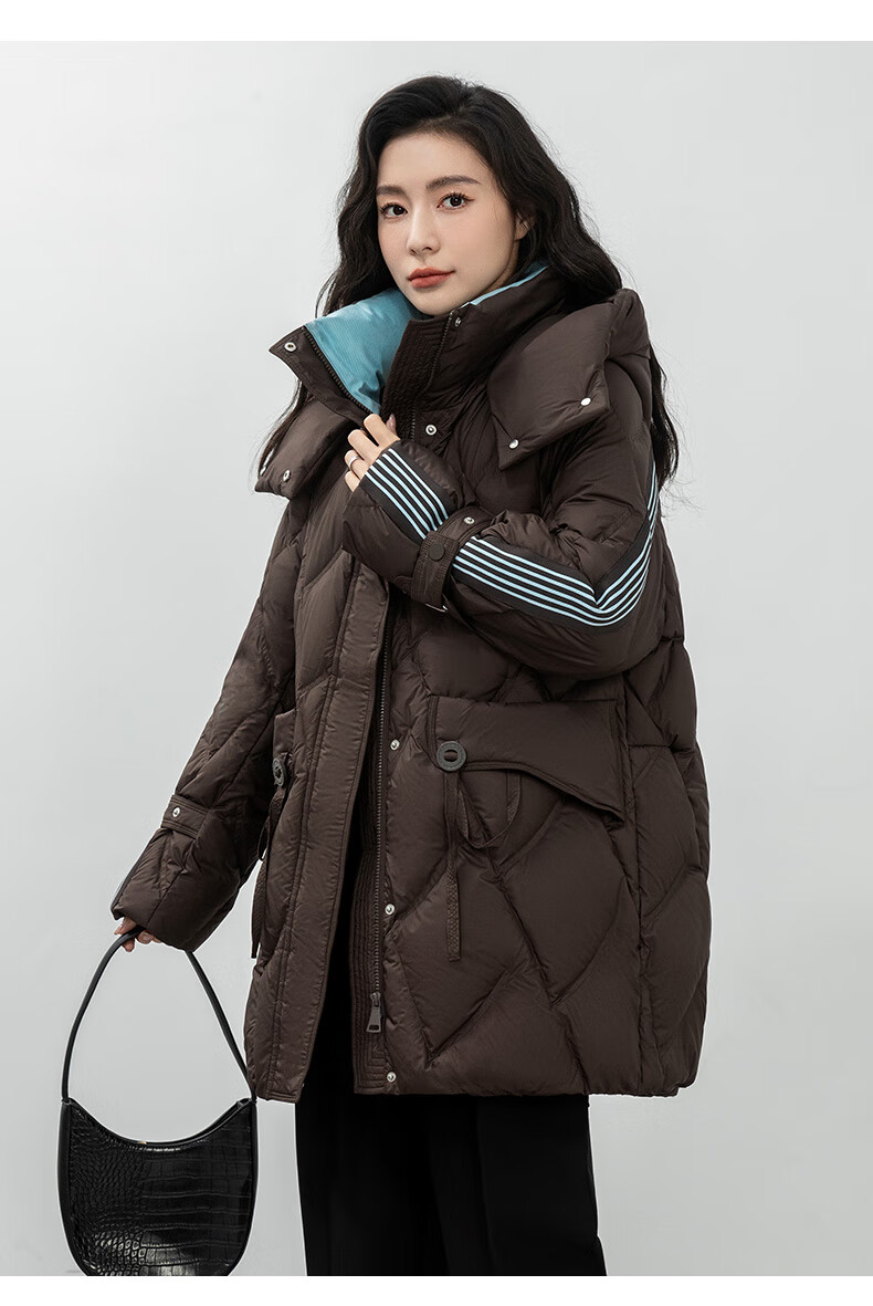 BLOOM FLOWERS Women's Down Jacket 2025 Winter Mid-Length Solid Color Striped Fashion Casual Hooded Warm Coat 26