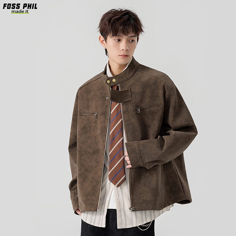 Foss Phil Men's Autumn Winter American Vintage Loose Casual Stand Collar Tie-Dye Leather Jacket J5238 Brown XL
